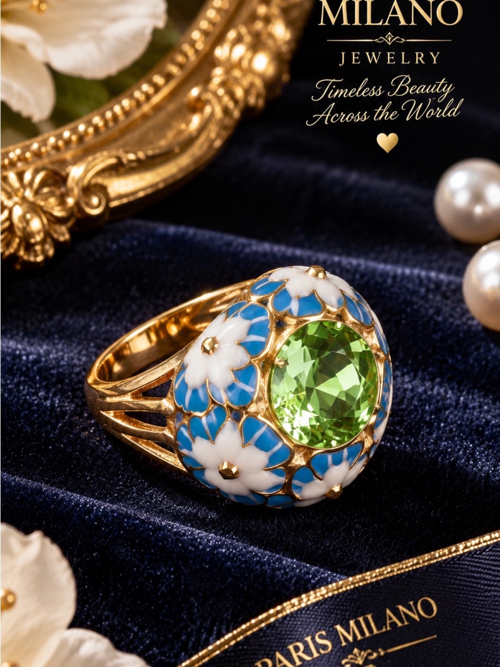 Paris Miano JewelriWomen’s Gold Ring with Green Gem and Blue-White Floral Enamel